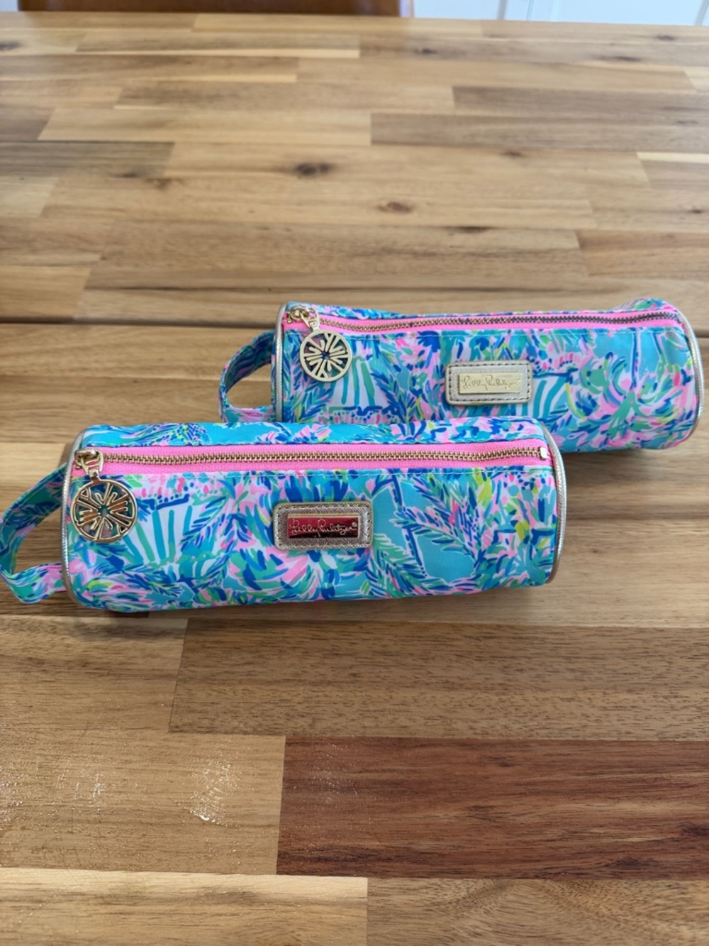 Lilly Pulitzer Blue Turquoise Floral Zip Pencil Case with Pink Trim 2/set
